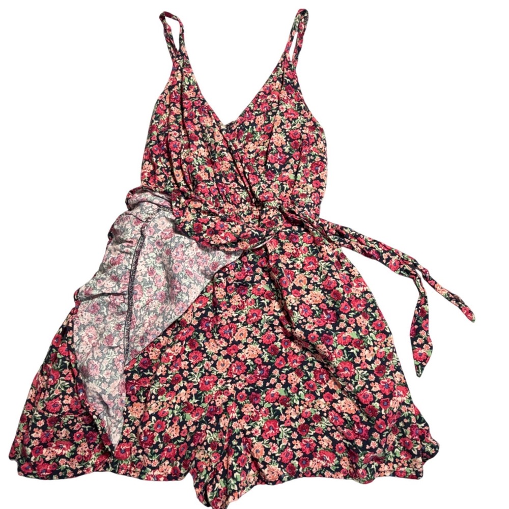 Floral Wrap Romper Red Pink Ditsy Flower Smocked Back Small Festival Boho‎ Fairy